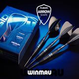 Winmau Fusion Arrow Shape darts in silver and black, displayed diagonally next to their blue retail packaging box on a dark blue reflective surface.