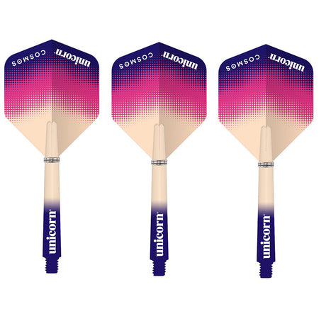 A set of three Unicorn Cosmos combo dart flights with medium stems, featuring a gradient color transition from purple to pink.