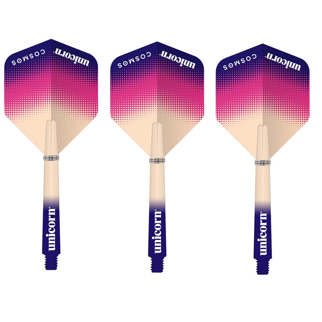 A set of three Unicorn Cosmos combo dart flights with medium stems, featuring a gradient color transition from purple to pink.