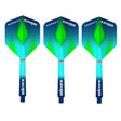 Three dart flights with a geometric pattern in blue and green colours, branded with the name Unicorn.