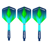 Three dart flights with a geometric pattern in blue and green colours, branded with the name Unicorn.