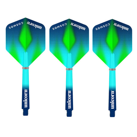 Three dart flights with a geometric pattern in blue and green colours, branded with the name Unicorn.