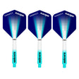 Three dart flights with a geometric pattern, predominantly blue with white and teal accents, branded with the Unicorn logo.