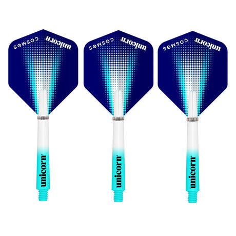 Three dart flights with a geometric pattern, predominantly blue with white and teal accents, branded with the Unicorn logo.