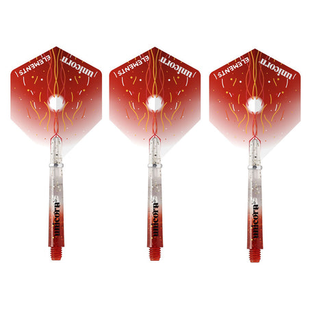 Three Unicorn Gripper 4 Elements Combo Kit dart flights with medium stems and red, yellow, and clear colour schemes.