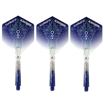 Three Unicorn Gripper 4 Elements Combo Kit dart flights with medium stems and Hydrostorm design, featuring blue and green colours.