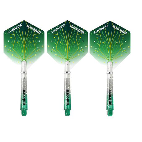 Three dart flights with stems, featuring a green colour and a pattern that resembles lightning or electrical discharge.