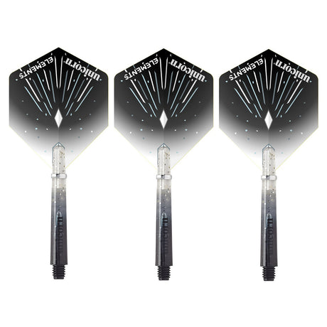 Three unicorn dart flights with medium stems, featuring a geometric pattern in black, silver, and grey colours