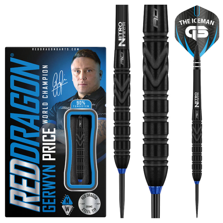 Gerwyn Price Back to Black 90% Tungsten Steel Tip Darts by Red Dragon - Product box and 3 dart barrels at various zoom levels.