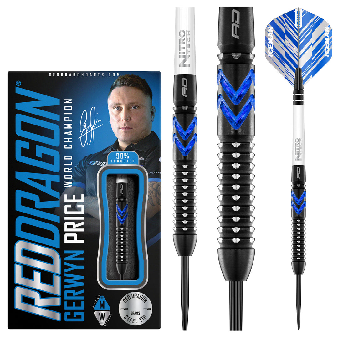 Gerwyn Price Blue Ice SE 90% Tungsten Steel Tip Darts by Red Dragon - Product box and 3 dart barrels at various zoom levels.