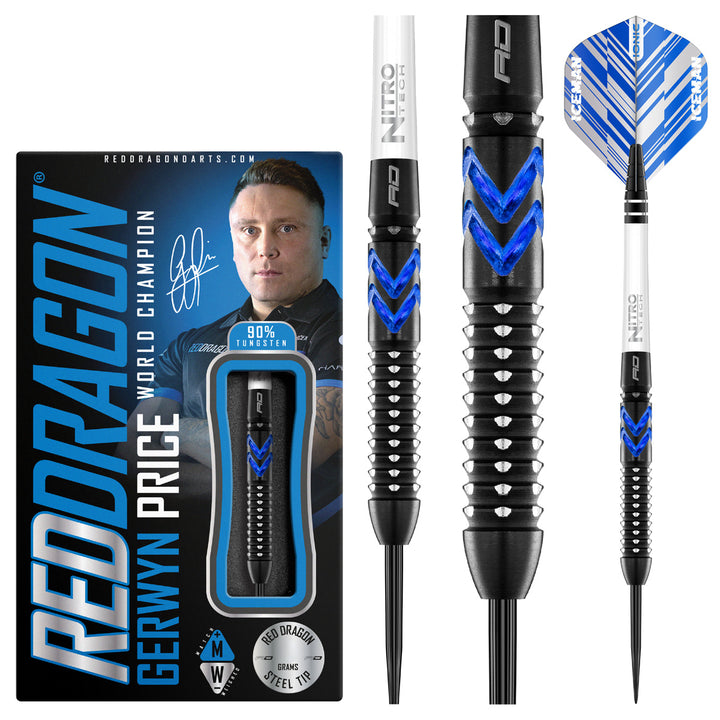 Gerwyn Price Blue Ice SE 90% Tungsten Steel Tip Darts by Red Dragon - Product box and 3 dart barrels at various zoom levels.