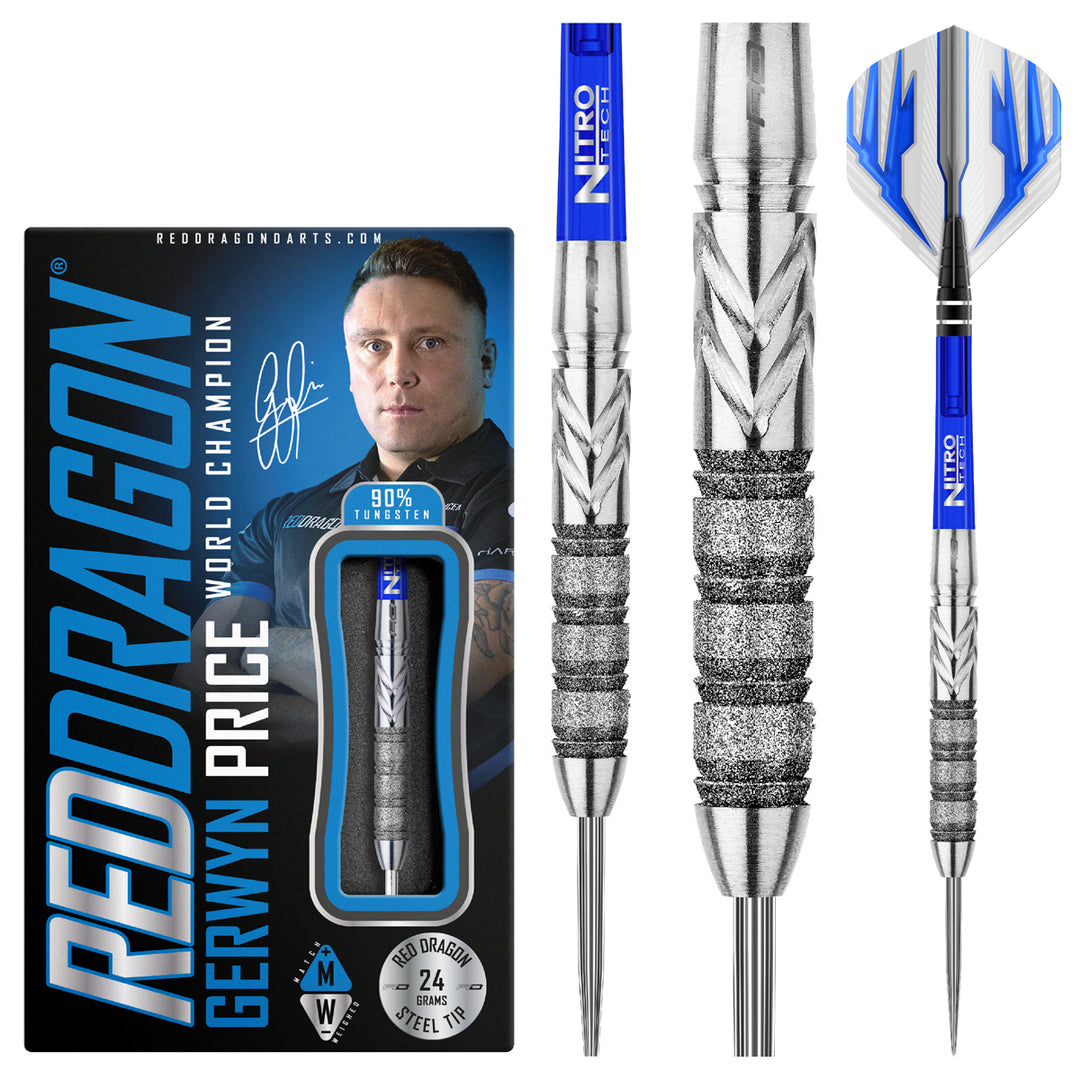 Gerwyn Price Element 90% Tungsten Steel Tip Darts by Red Dragon - Product box and 3 dart barrels at various zoom levels.