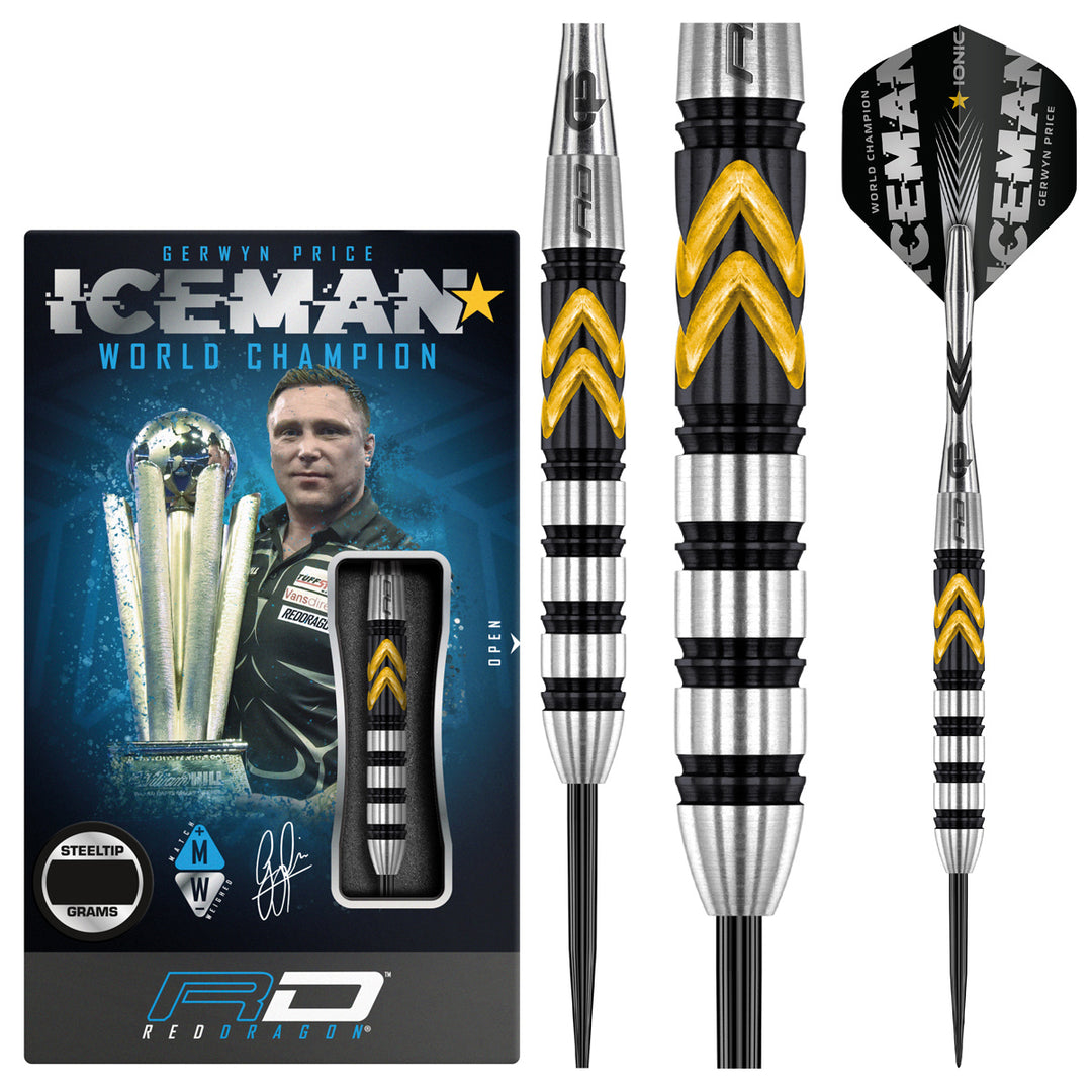 Gerwyn Price Thunder SE 90% Tungsten Steel Tip Darts by Red Dragon - Product box and 3 dart barrels at various zoom levels.