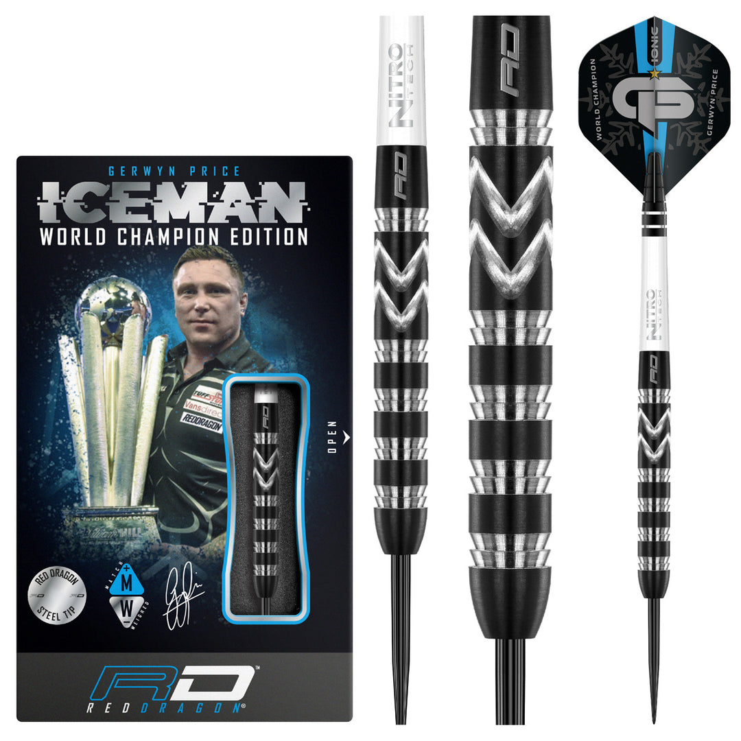 Iceman World Championship Special Edition 90% Tungsten Steel Tip Darts by Red Dragon - Product box and 3 dart barrels at various zoom levels.