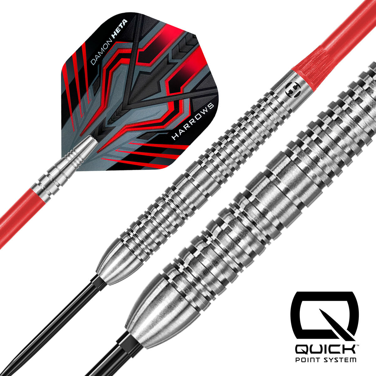 Harrows Damon Heta Series 1 Natural 90% Tungsten QP Steel Tip Darts showing multiple angles of the complete darts set on a white background.