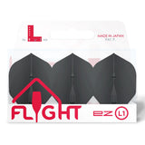 Packaging of black dart flights with 'FLIGHT' branding on a white background