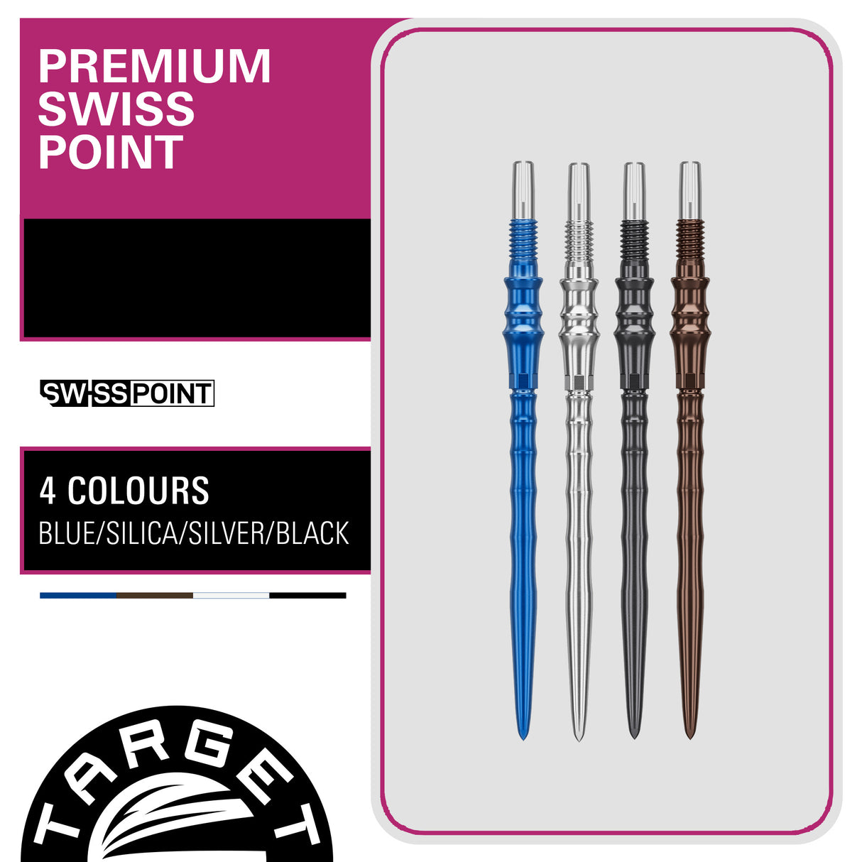 Set of four darts in blue, silver, and brown with 'Target' branding on a white background.