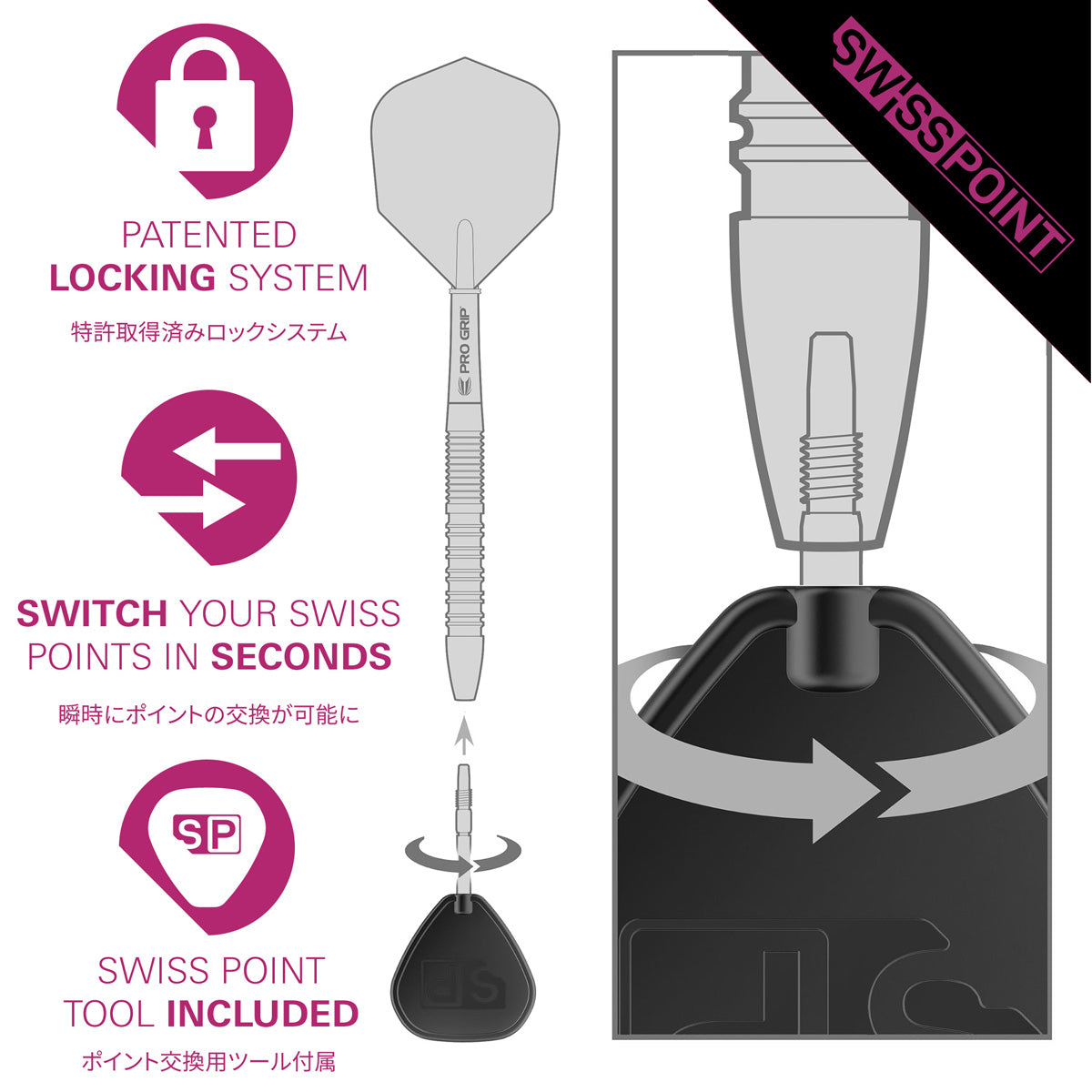 Swiss Point dart system with patented locking system and switchable points feature.
