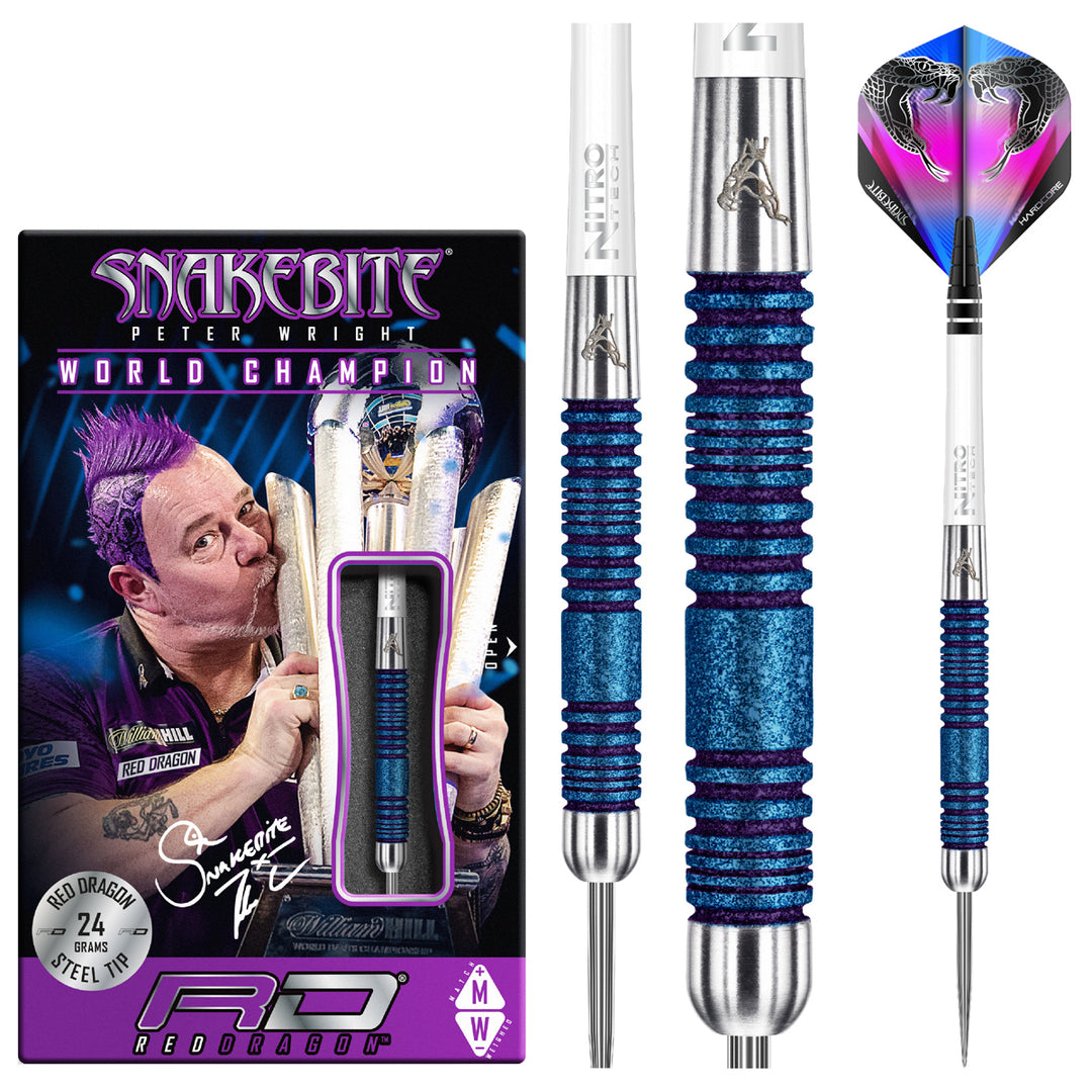Peter Wright Euro 11 Element Blue Edition 90% Tungsten Steel Tip Darts by Red Dragon - Product box and 3 dart barrels at various zoom levels.