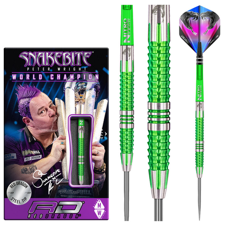 Peter Wright Mamba 2 90% Tungsten Steel Tip Darts by Red Dragon - Product box and 3 dart barrels at various zoom levels.