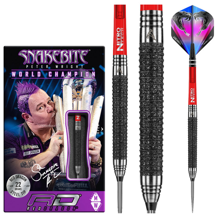 Peter Wright Melbourne Masters 90% Tungsten Steel Tip Darts by Red Dragon - Product box and 3 dart barrels at various zoom levels.