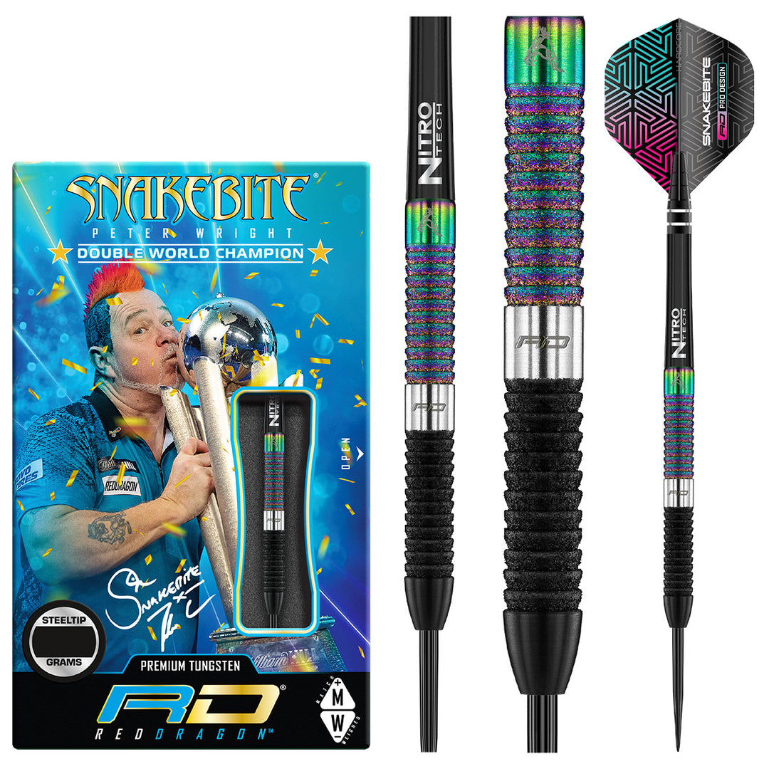 Peter Wright World Champion Diamond Edition 90% Tungsten Steel Tip Darts by Red Dragon - Product box and 3 dart barrels at various zoom levels.
