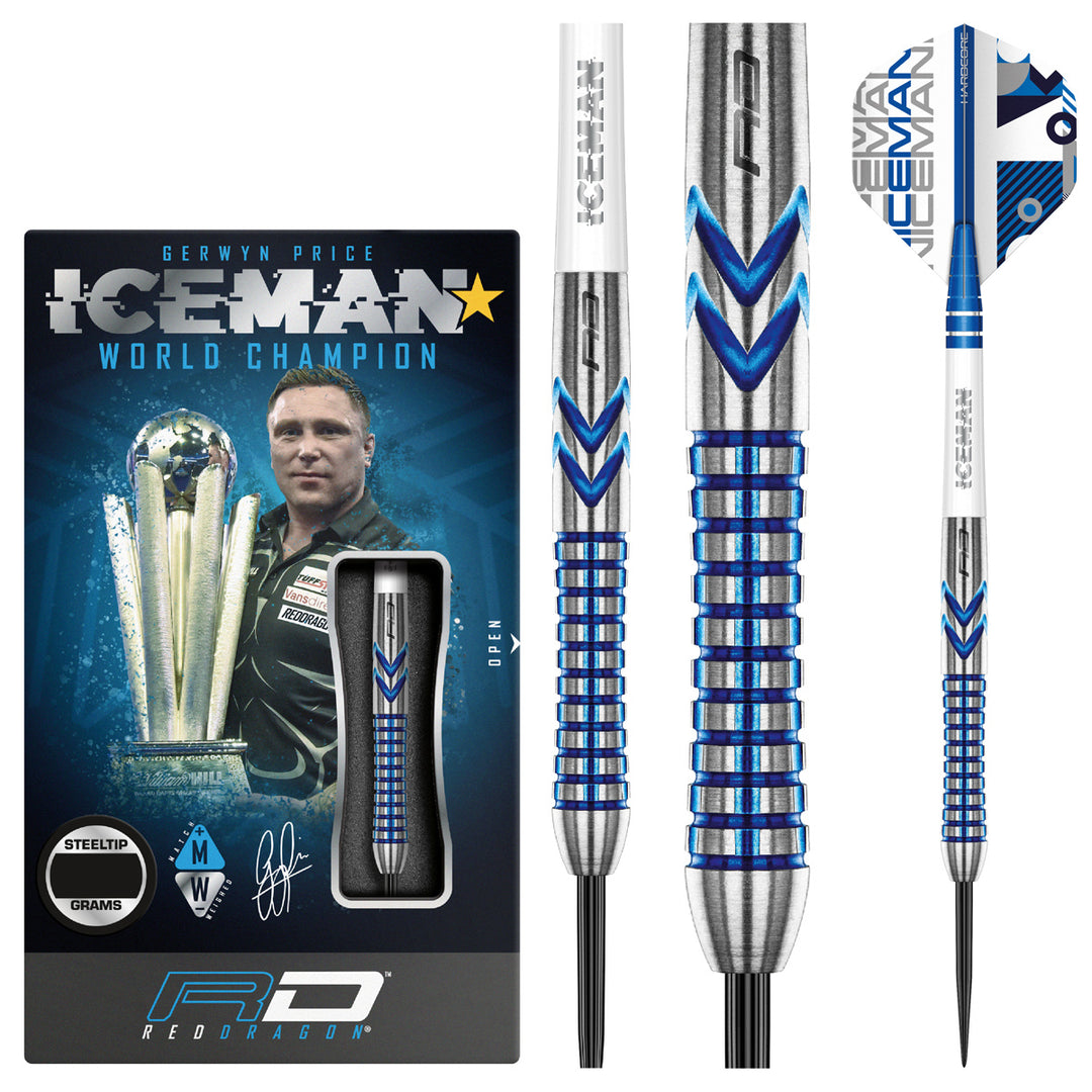 Gerwyn Price Iceman Contour 90% Tungsten Steel Tip Darts by Red Dragon - Product box and 3 dart barrels at various zoom levels.