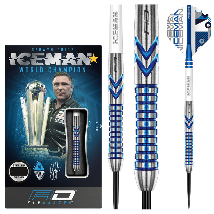 Gerwyn Price Iceman Contour 90% Tungsten Steel Tip Darts by Red Dragon - Product box and 3 dart barrels at various zoom levels.