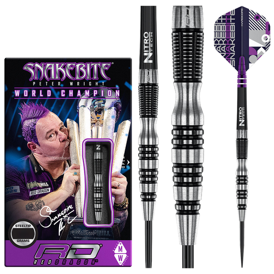 Peter Wright Snakebite Black Racer 90% Tungsten Steel Tip Darts by Red Dragon - Product box and 3 dart barrels at various zoom levels.