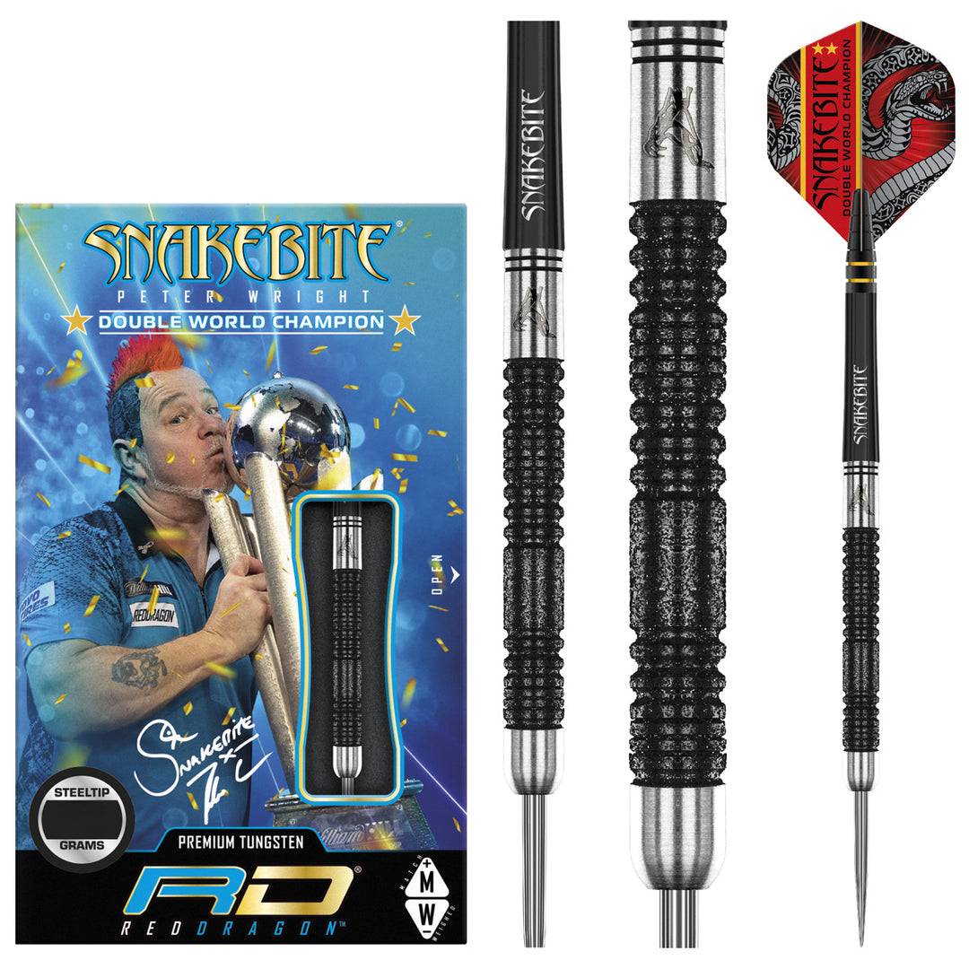 Peter Wright Snakebite Double World Champion Special Edition 85% Tungsten Steel Tip Darts by Red Dragon - Product box and 3 dart barrels at various zoom levels.