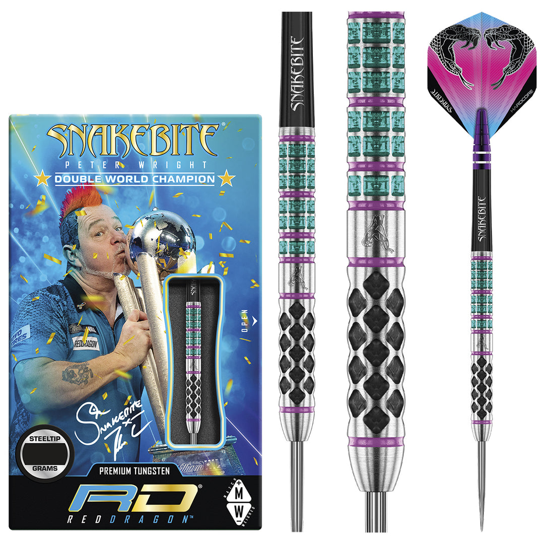 Peter Wright Supa Venom 90% Tungsten Steel Tip Darts by Red Dragon - Product box and 3 dart barrels at various zoom levels.