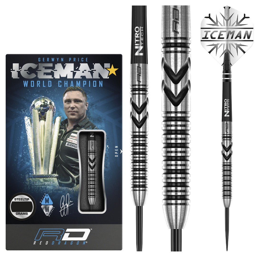 Gerwyn Price Thunderbolt 90% Tungsten Steel Tip Darts by Red Dragon - Product box and 3 dart barrels at various zoom levels.