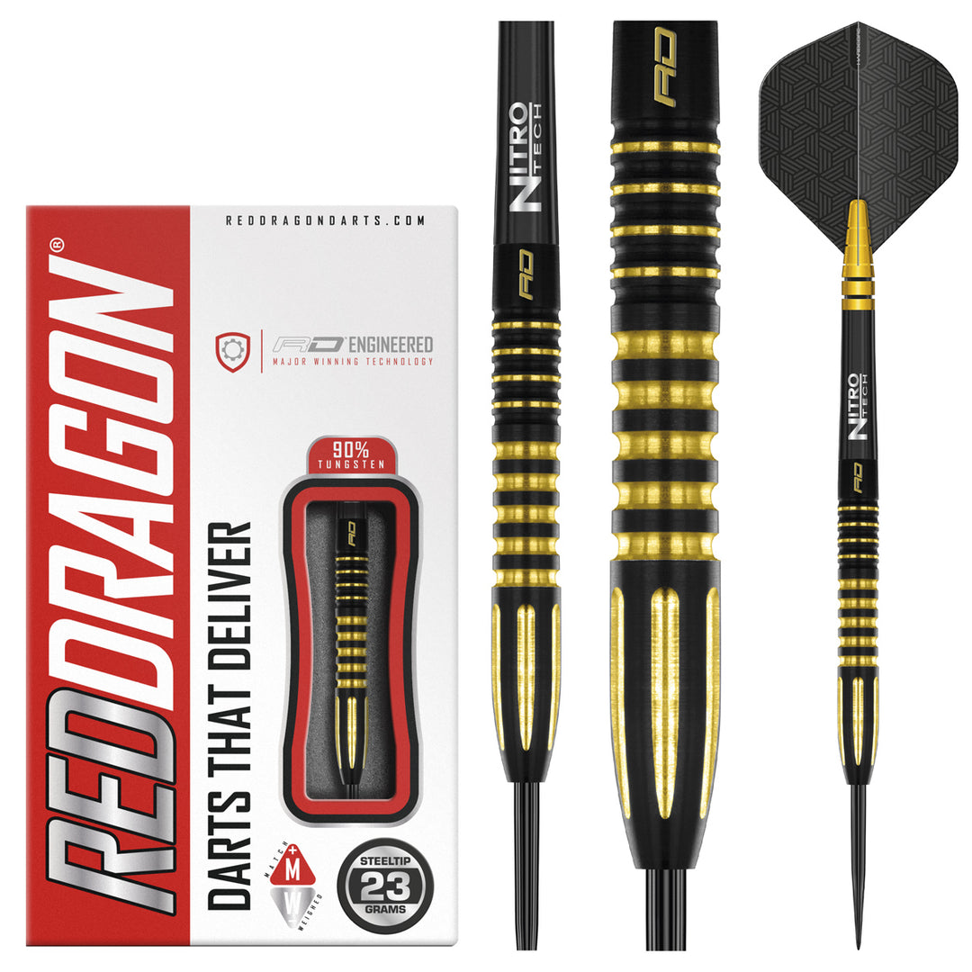 Neil Duff 90% Tungsten Steel Tip Darts by Red Dragon - Product box and 3 dart barrels at various zoom levels.