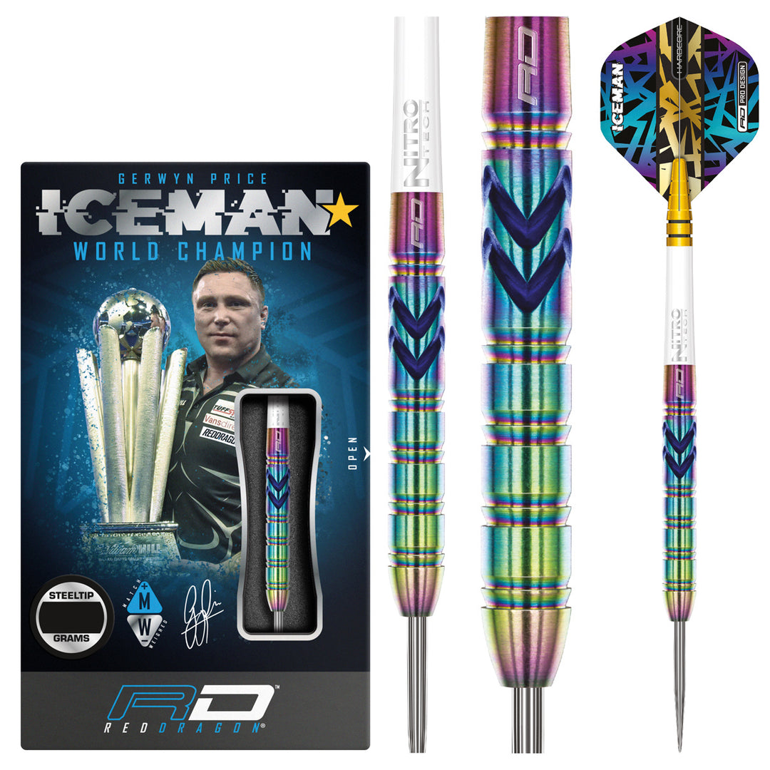 Gerwyn Price Ionic 90% Tungsten Steel Tip Darts by Red Dragon - Product box and 3 dart barrels at various zoom levels.