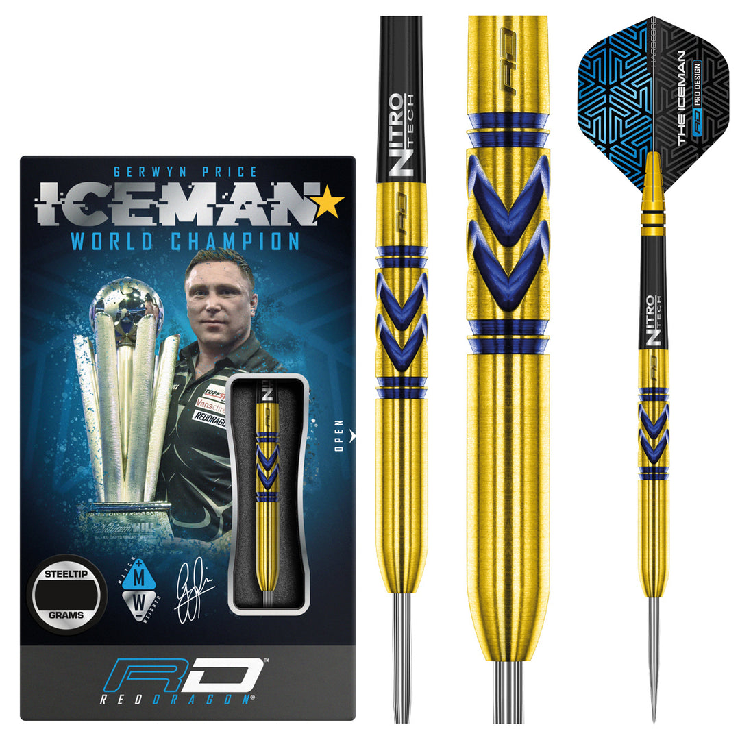 Gerwyn Price Avalanche Pro Gold 90% Tungsten Steel Tip Darts by Red Dragon - Product box and 3 dart barrels at various zoom levels.