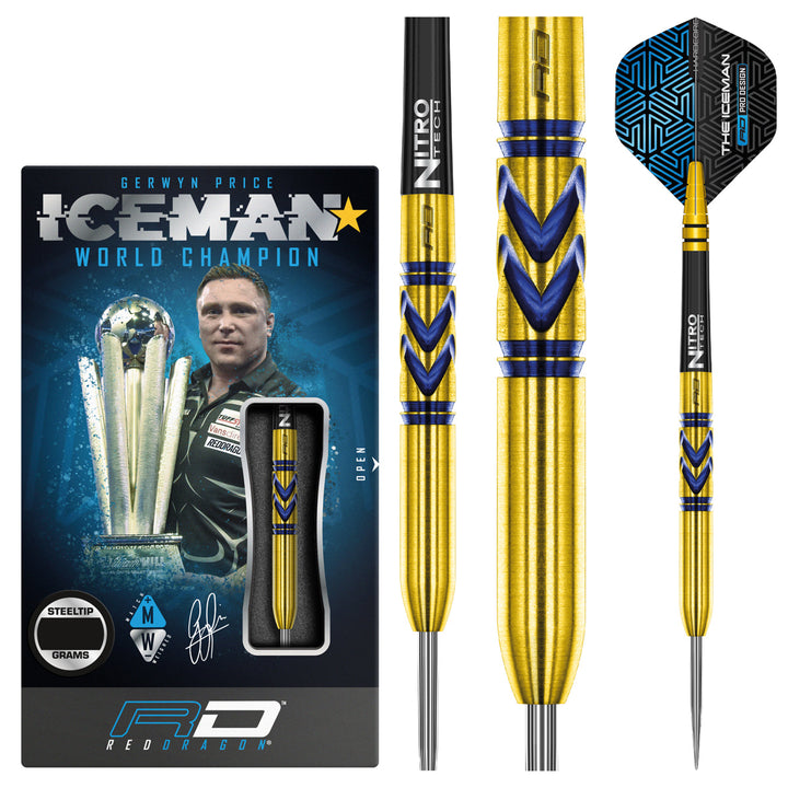 Gerwyn Price Avalanche Pro Gold 90% Tungsten Steel Tip Darts by Red Dragon - Product box and 3 dart barrels at various zoom levels.