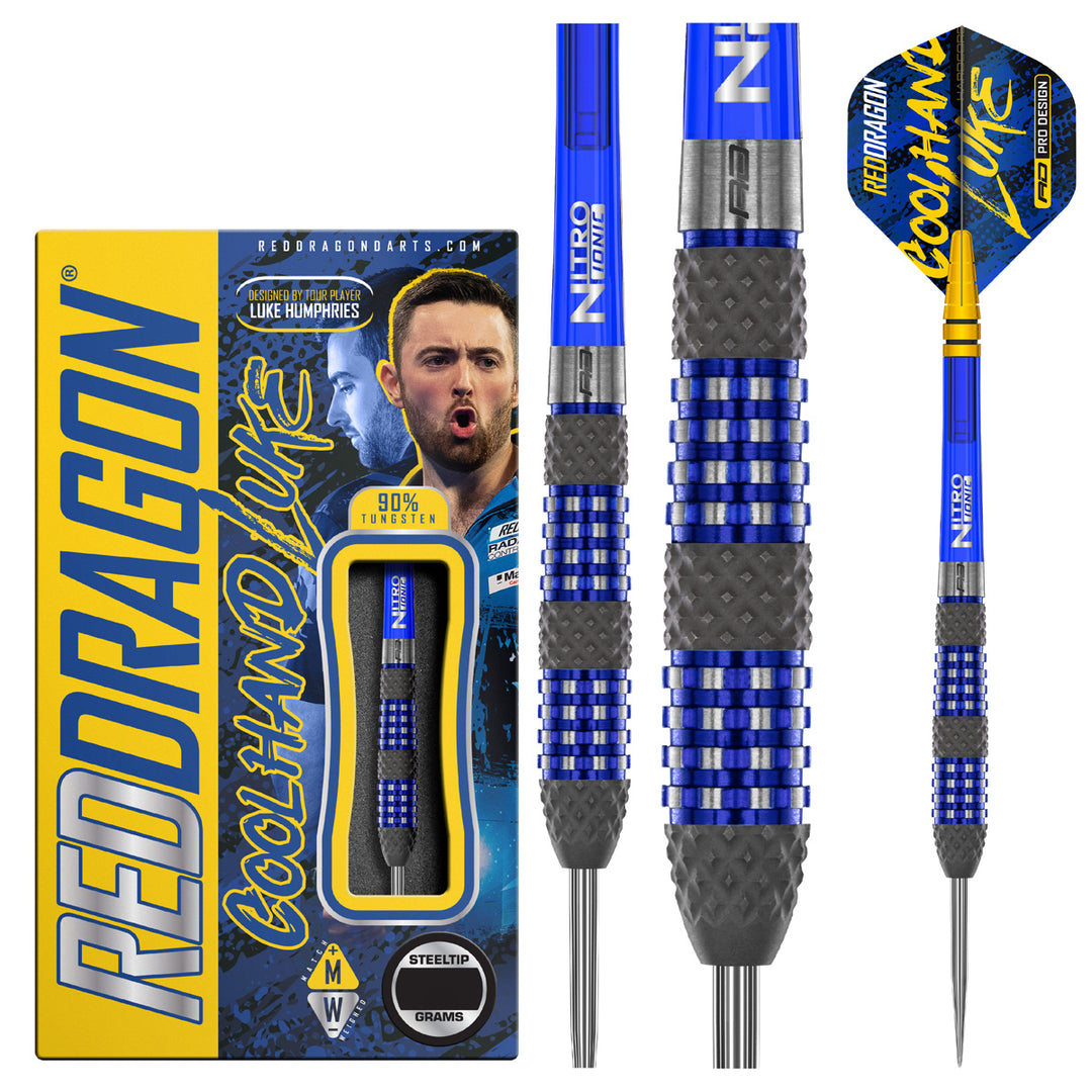 Luke Humphries TX2 Atomised 90% Tungsten Steel Tip Darts by Red Dragon - Product box and 3 dart barrels at various zoom levels.