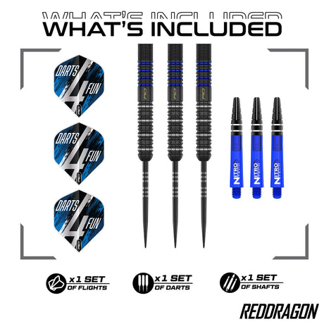 Set of Red Dragon David Williams V1 Darts split into flights, barrel, and shafts annotated to say that 1 set of those parts are included.