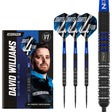 Set of Red Dragon David Williams V1 Darts alongside packaging featuring David Williams and a zoomed barrel view on a white background.