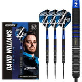 Set of Red Dragon David Williams V1 Darts alongside packaging featuring David Williams and a zoomed barrel view on a white background.