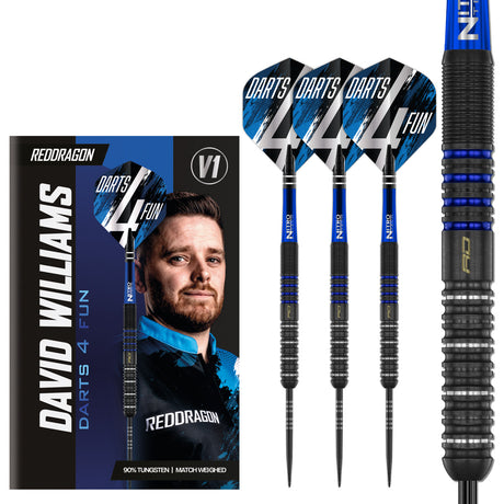 Set of Red Dragon David Williams V1 Darts alongside packaging featuring David Williams and a zoomed barrel view on a white background.