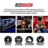 Red Dragon darts branding with product images and text about company founding and values.