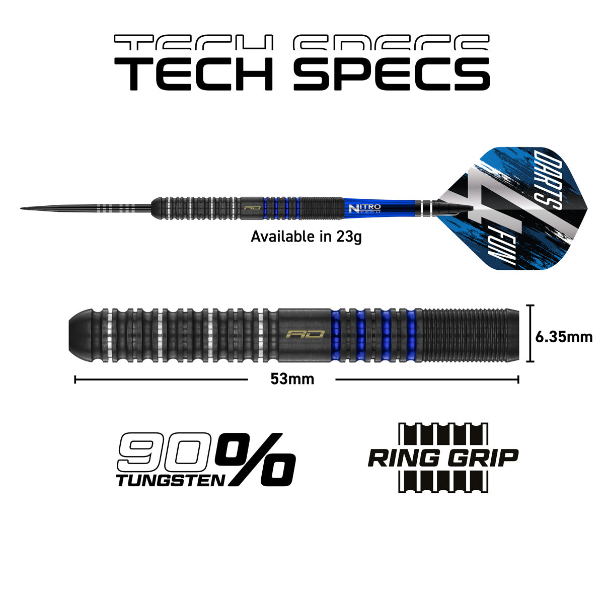Zoomed barrel only view and regular view of Red Dragon David Williams V1 Darts annotated with the dart barrel dimensions with material and grip specifications.
