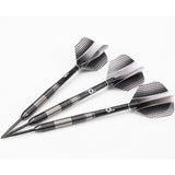 A set of three silver and black performance darts from a raised side-on perspective.