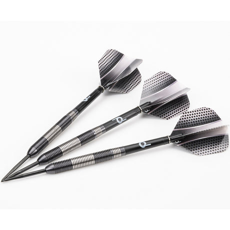 A set of three silver and black performance darts from a raised side-on perspective.