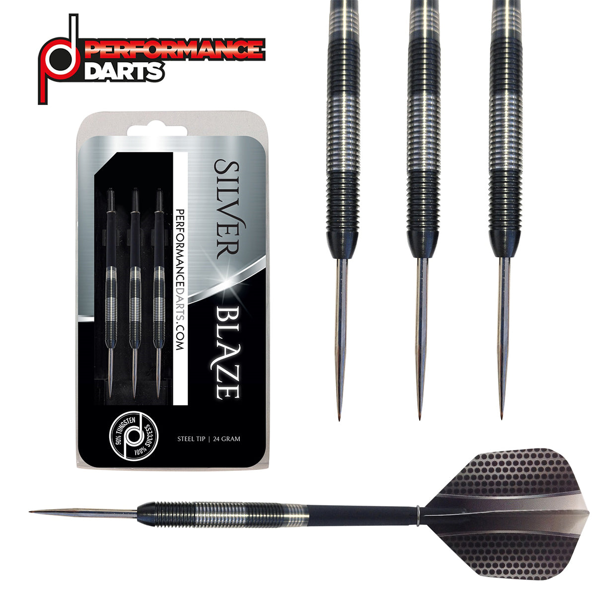 A set of three silver and black performance darts with a separate side-on full dart view. The darts are displayed alongside their packaging which features the name 'Silver Blaze'.