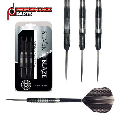 A set of three silver and black performance darts with a separate side-on full dart view. The darts are displayed alongside their packaging which features the name 'Silver Blaze'.