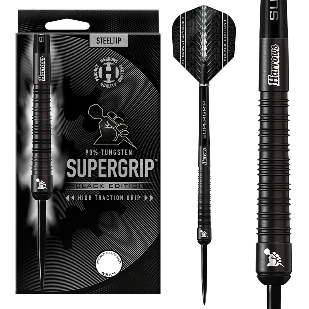 Harrows Supergrip Black Edition 90% Tungsten Steel Tip Darts