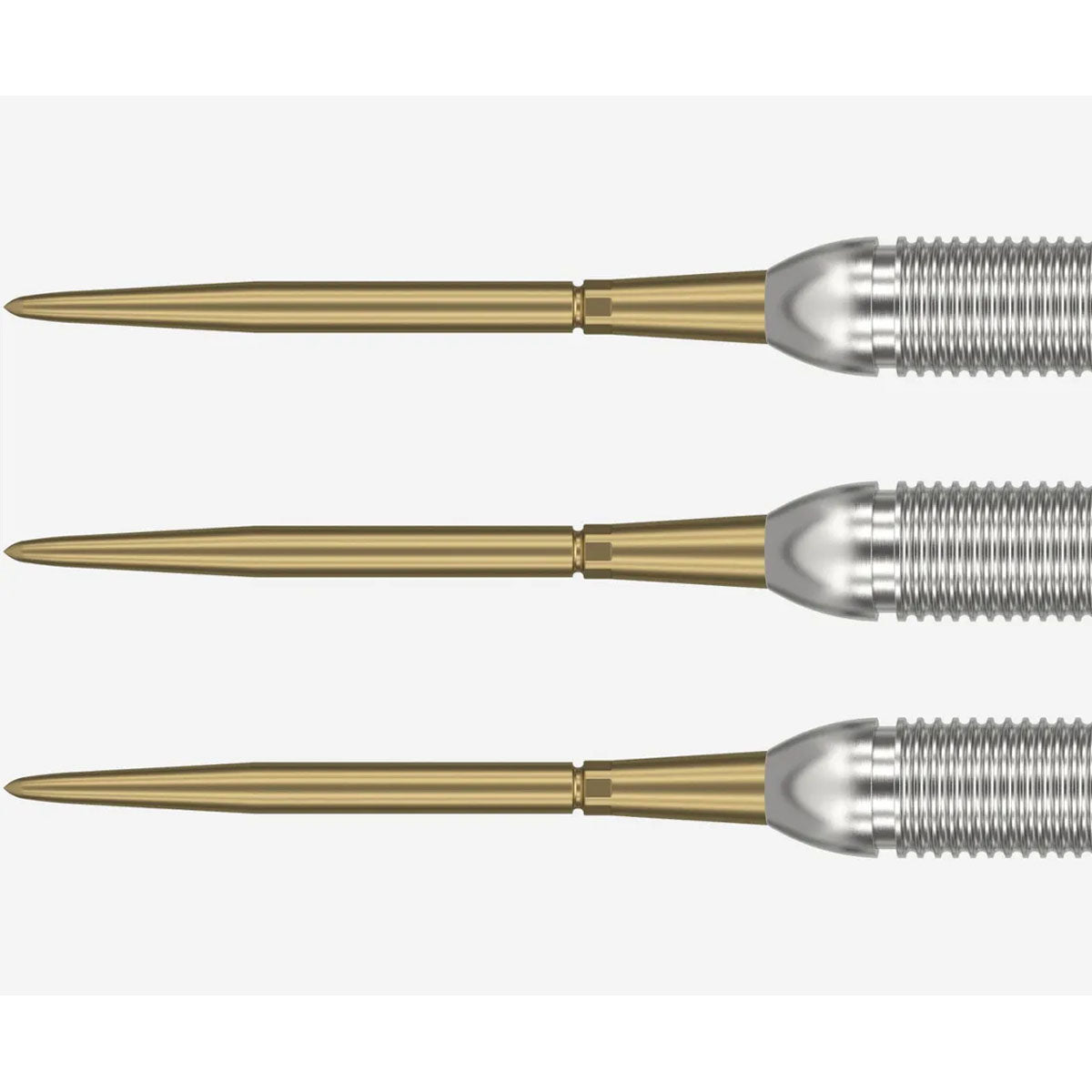 Three gold-colored darts points. Swiss Storm Gold on a white background
