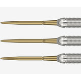 Three gold-colored darts points. Swiss Storm Gold on a white background